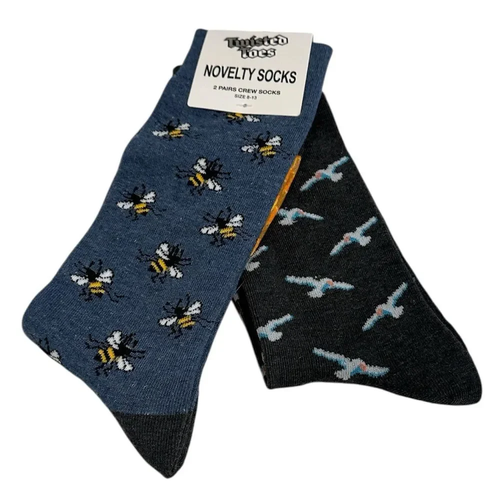 Twisted Toes Crew Socks Mens 8-13 NEW 2 Pair Bumble Bee Honeycomb Bird Novelty